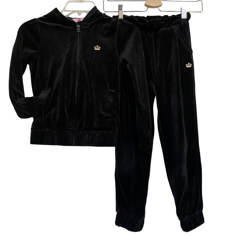 Juicy by Juicy Couture Girls Black Velour Tracksuit Hoodie & Pants Set‎ 7/8 S